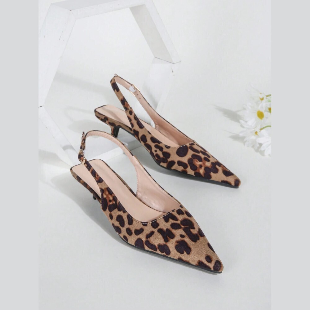 Leopard Print Pointed Toe Slingback Kitten Heel Pumps